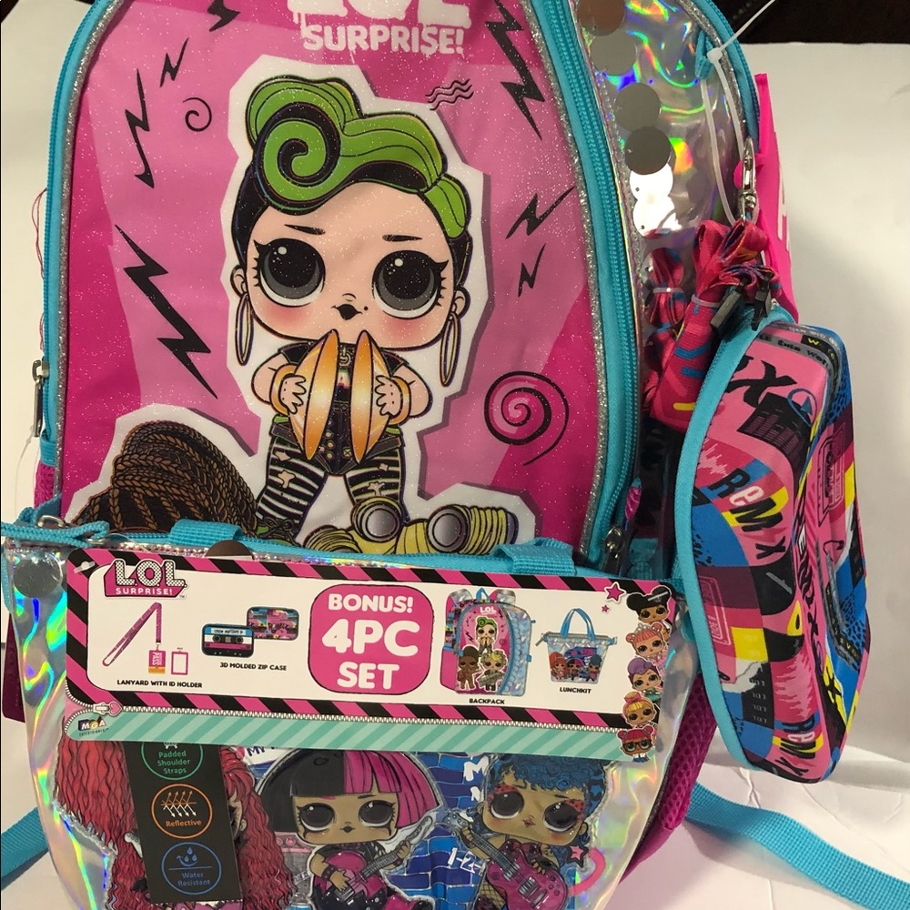New L.O.L. Surprise! Remix 4pc. Pink Backpack 17” Lunch bag Lanyard Zip Case NWT
